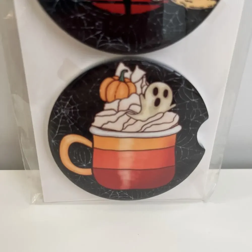 Custom Heat Printed Car Coasters Halloween Fall Designs Set Of 2